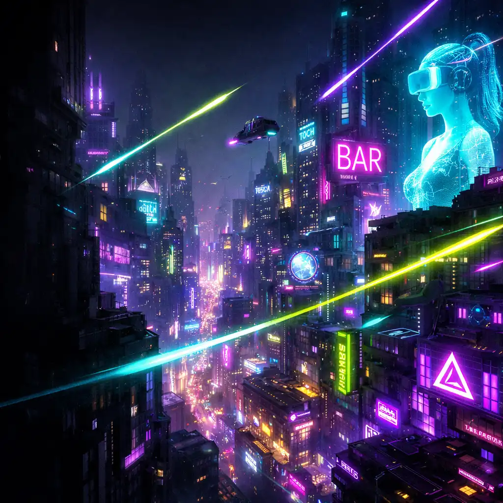 Cyberpunk neon város energiacsóvákkal