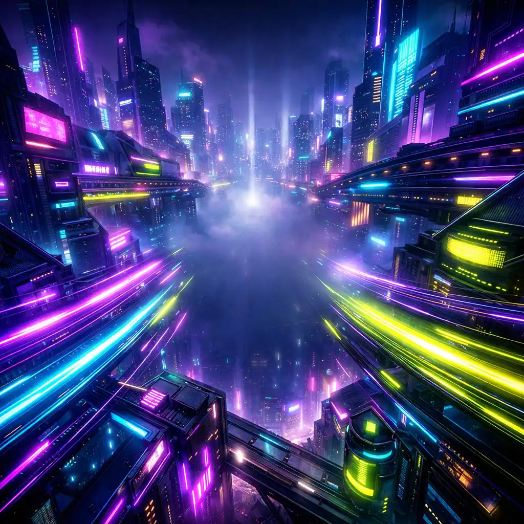 Neon cyberpunk város ranglistákkal